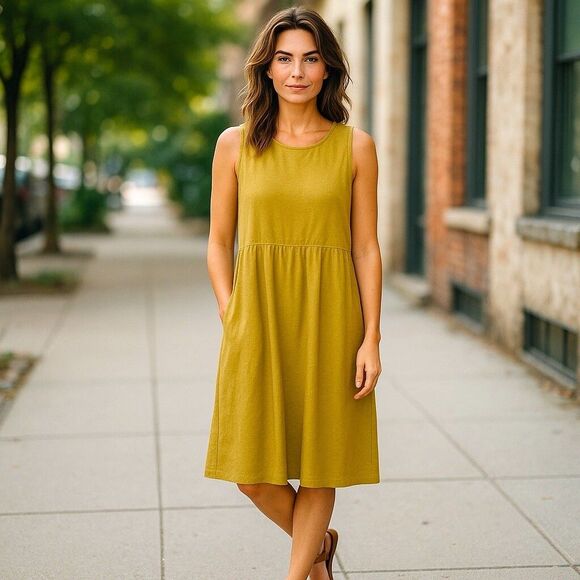 J. Jill Cotton Womens XL Sun Dress Shift Chartreuse Green Sleeveless Pockets Mid - Picture 1 of 14